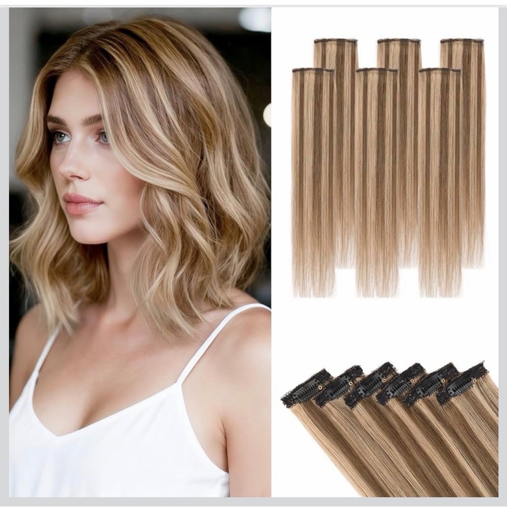 Hair Extensions Clip ins,S-noilite,Real Human Hair,6 Pc 10”Med Browne/Dark Blond